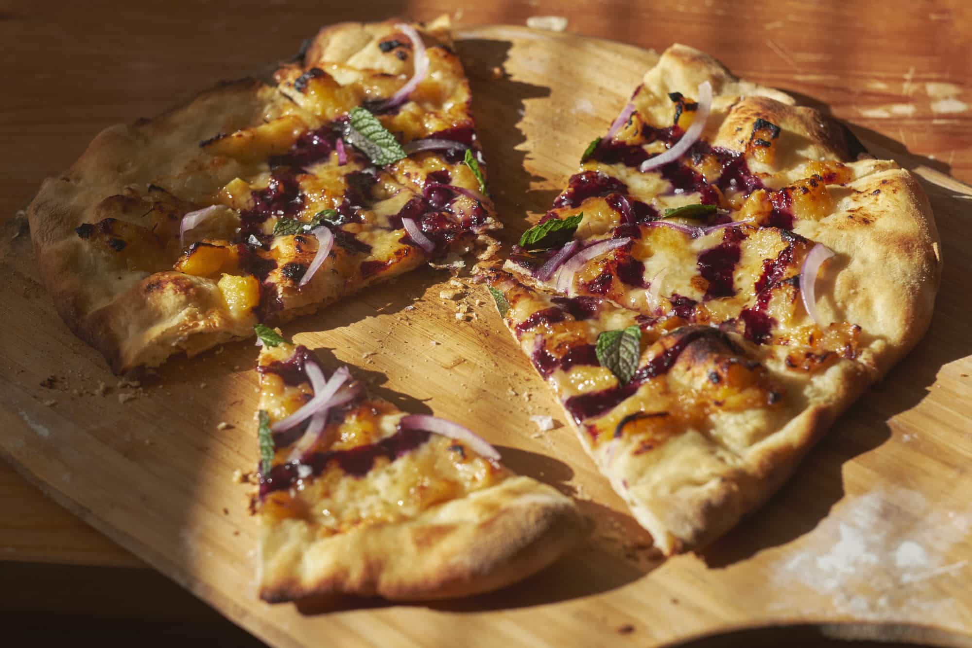 Pizza with Peaches, Blueberry Syrup, and Taleggio Cheese Eat Up! Kitchen