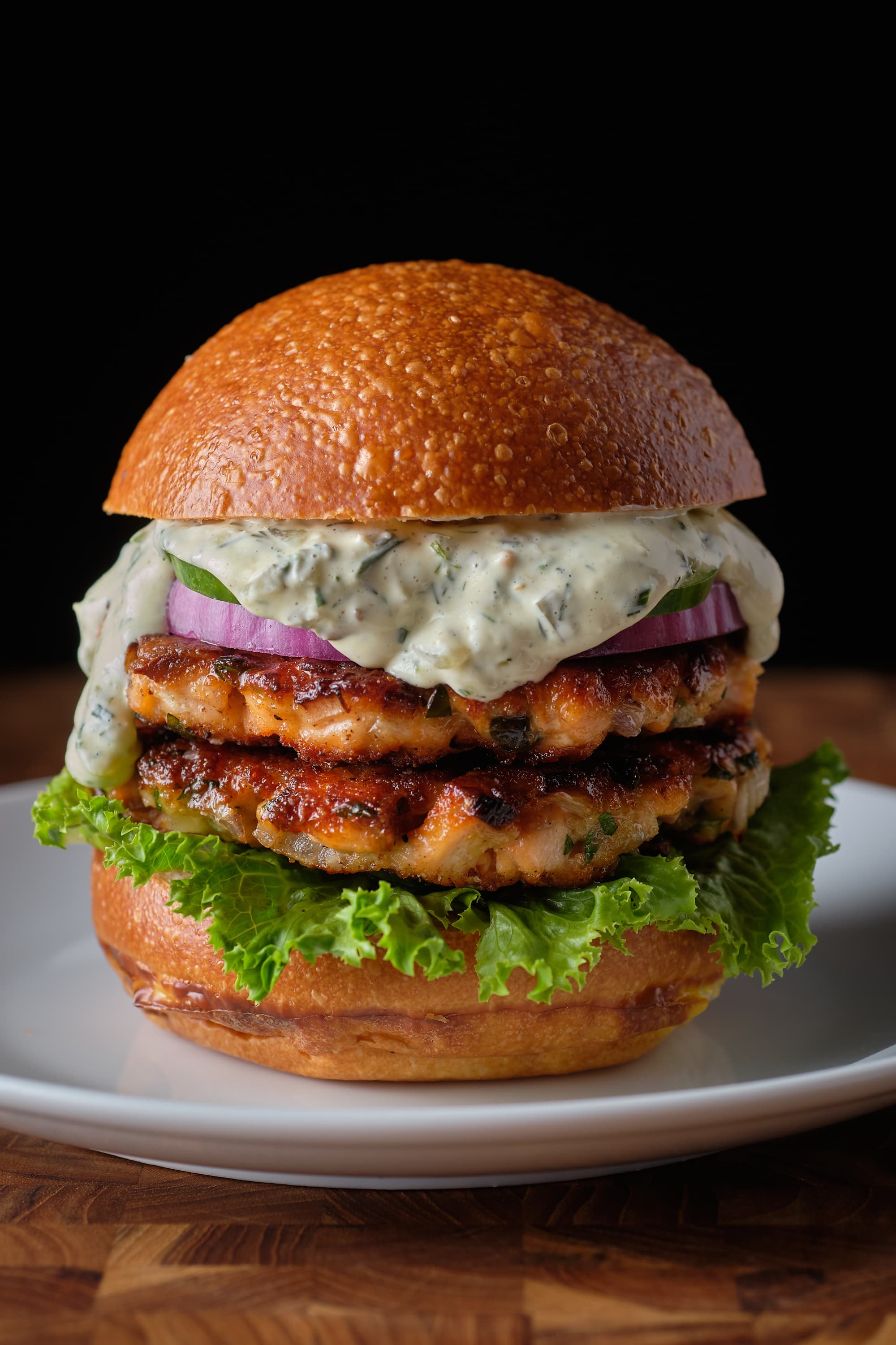 Blackened Wild Salmon Burger with Herb Aioli - Aqua Star